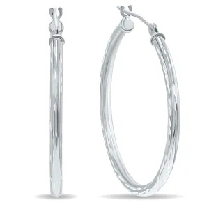 10K White Gold Shiny Diamond Cut Engraved Hoop Earrings (30Mm)