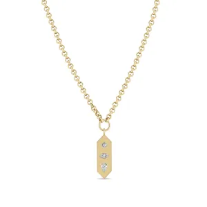 14k Diamond Mosaic Brushed Gold Vertical Hexagon Tag Rolo Chain Necklace