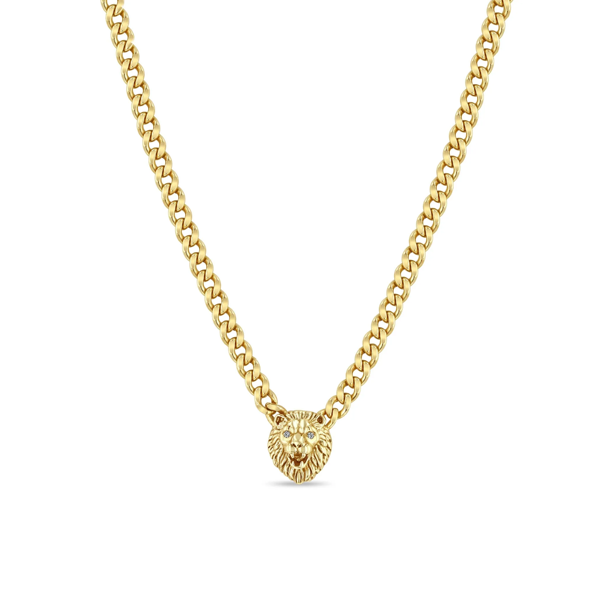 14k Lion Head with Diamond Eyes Medium Curb Chain Necklace