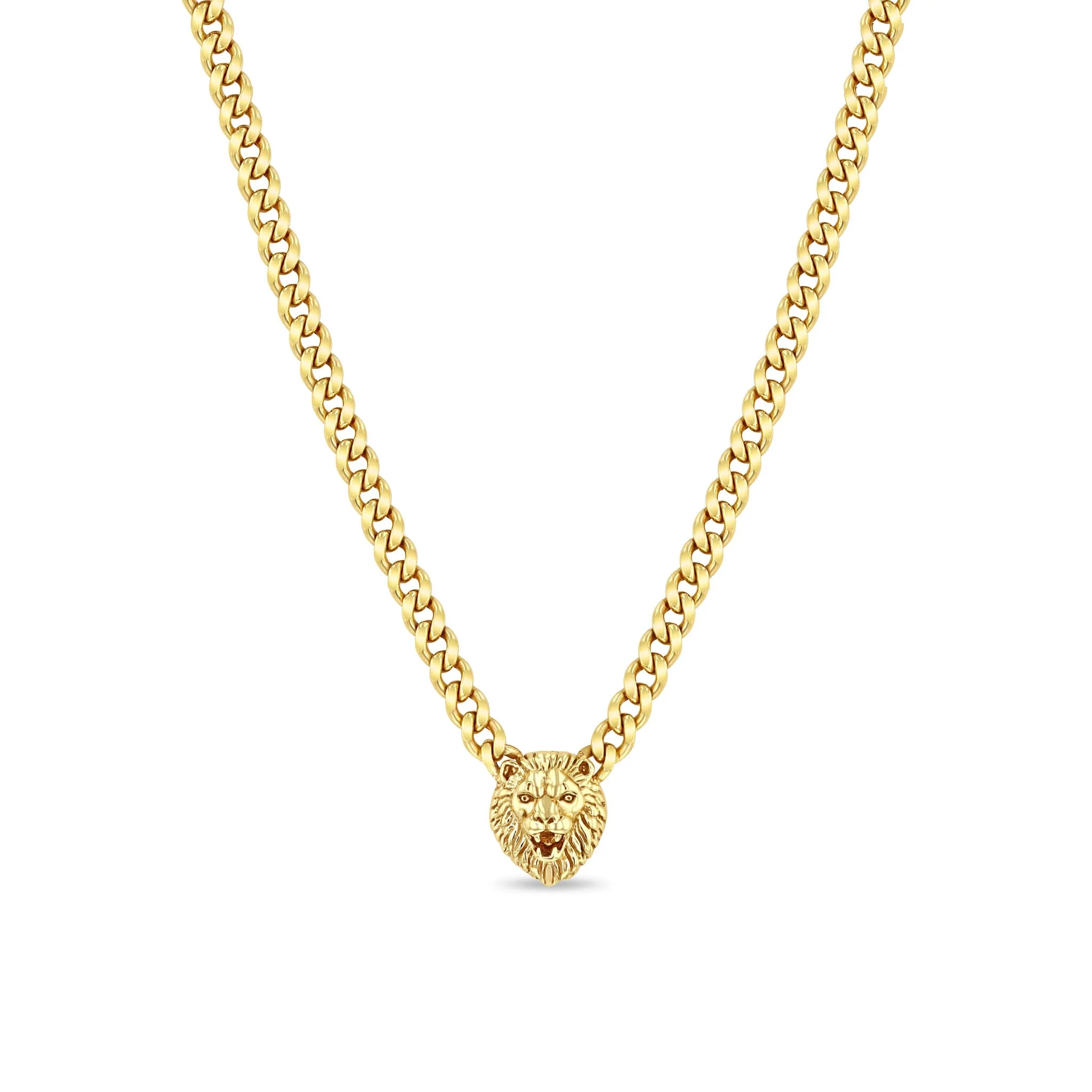 14k Lion Head with Diamond Eyes Medium Curb Chain Necklace