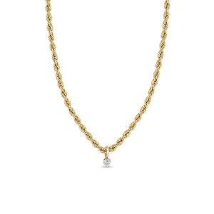 14k Medium Rope Chain Necklace with Dangling Prong Diamond