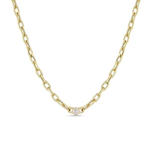 14k Medium Square Oval Link Necklace with Floating Diamond