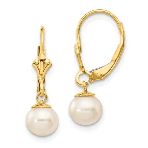 14k Real Yellow Gold 6-7mm White Round Freshwater Cultured Pearl Lever back Earrings