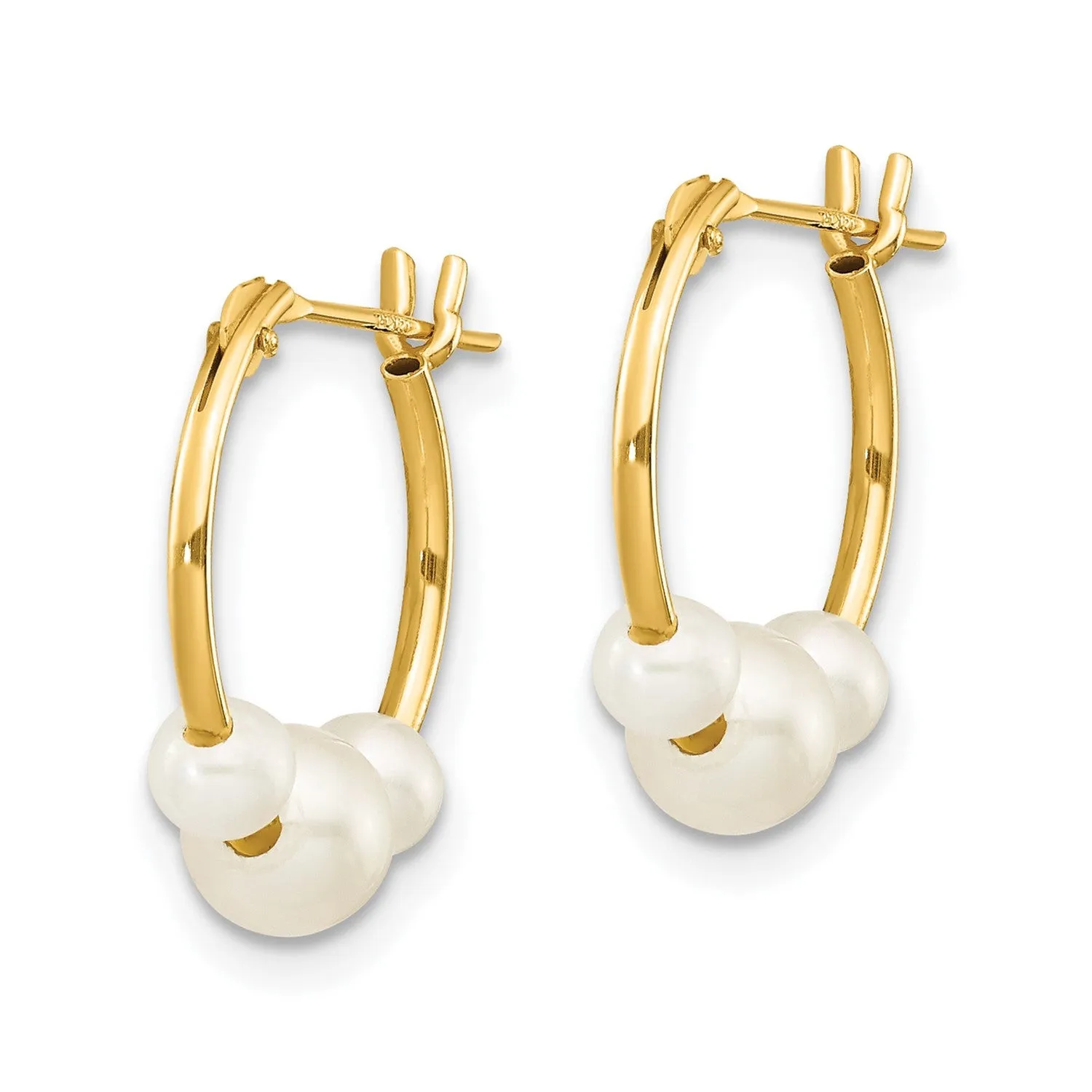 14k Real Yellow Gold and White Semi Round Freshwater Cultured 3 Pearl Hoop Earrings, 15mm