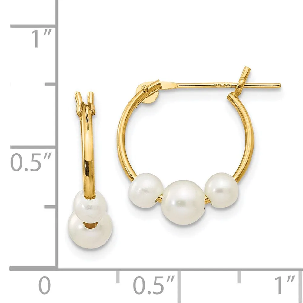 14k Real Yellow Gold and White Semi Round Freshwater Cultured 3 Pearl Hoop Earrings, 15mm