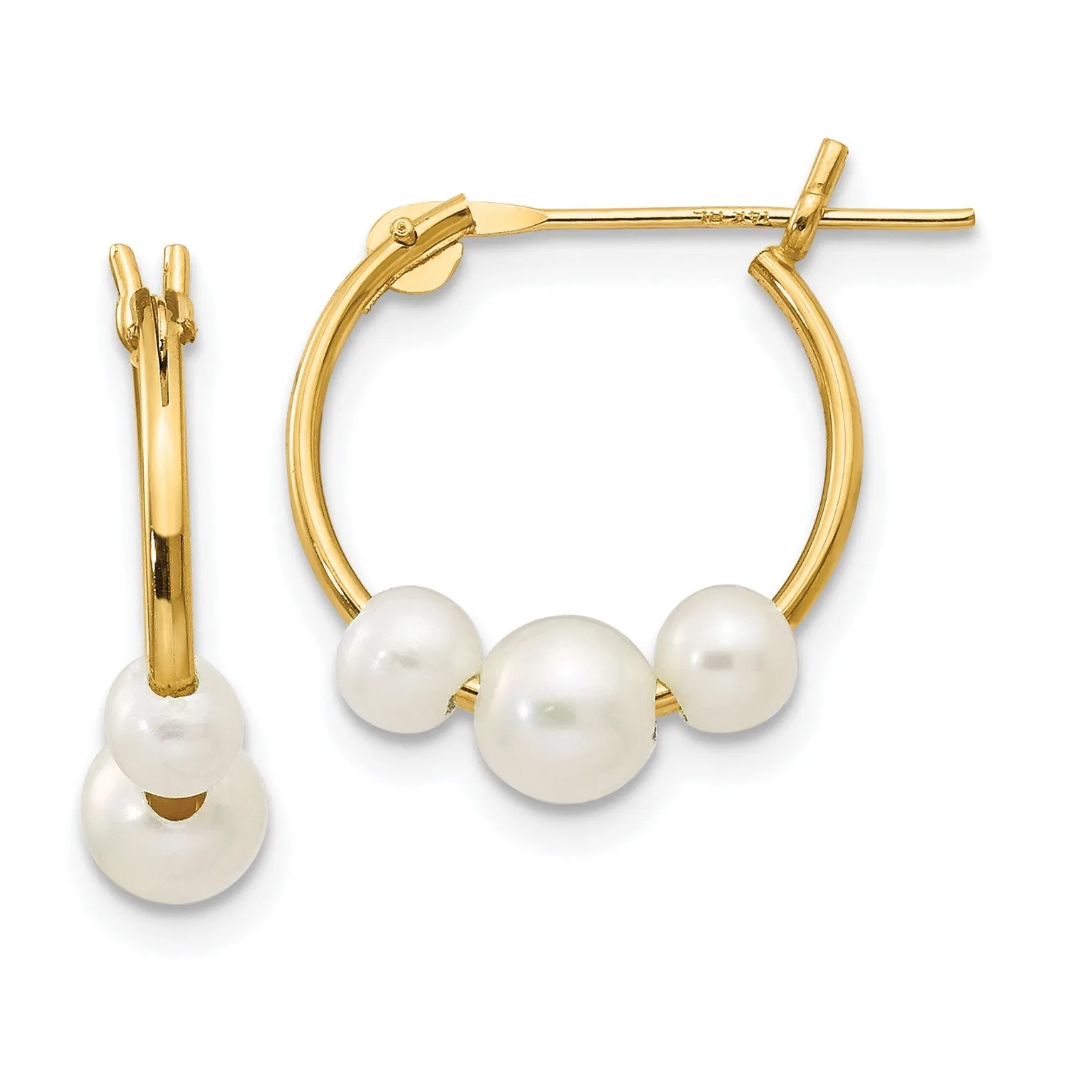 14k Real Yellow Gold and White Semi Round Freshwater Cultured 3 Pearl Hoop Earrings, 15mm