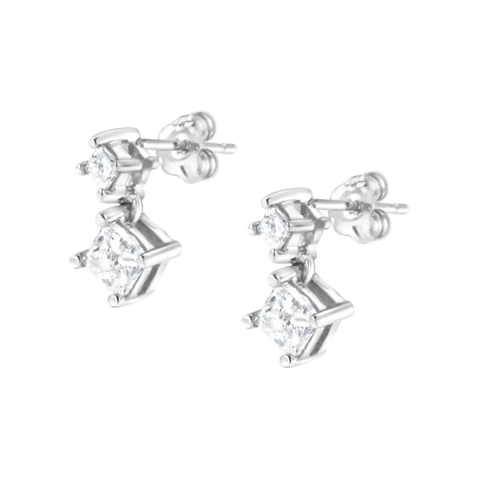 14K White Gold Double Diamond Drop Earrings with Radiant Princess-Cut Sparkle