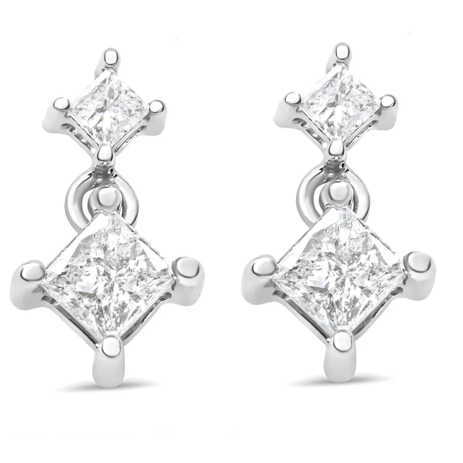 14K White Gold Double Diamond Drop Earrings with Radiant Princess-Cut Sparkle