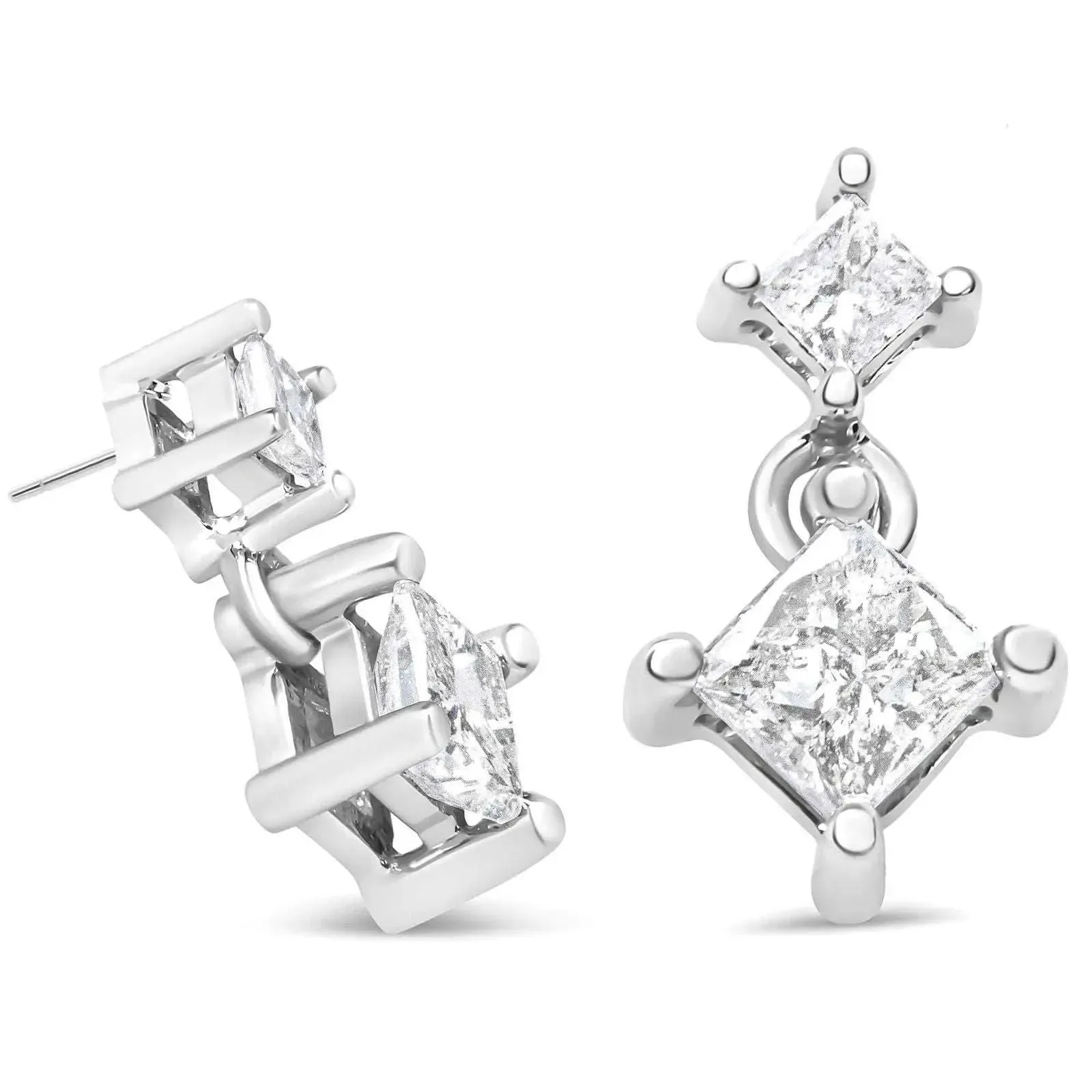 14K White Gold Double Diamond Drop Earrings with Radiant Princess-Cut Sparkle