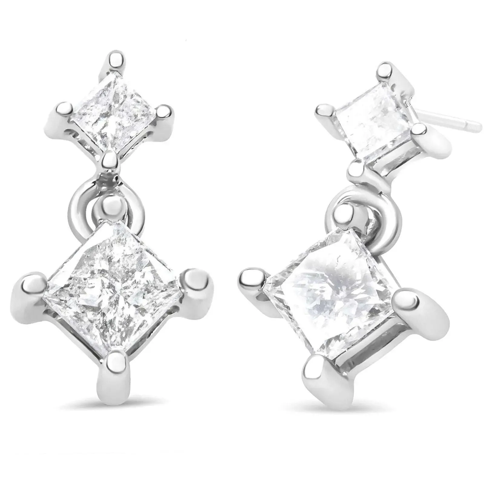 14K White Gold Double Diamond Drop Earrings with Radiant Princess-Cut Sparkle