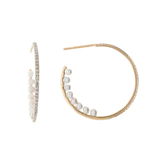 14K Yellow Gold Pearl Hoop Earrings with Diamonds