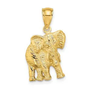 14K Yellow Gold Textured Polished Finish 2-Dimensional Elephant With Tusk Charm Pendant