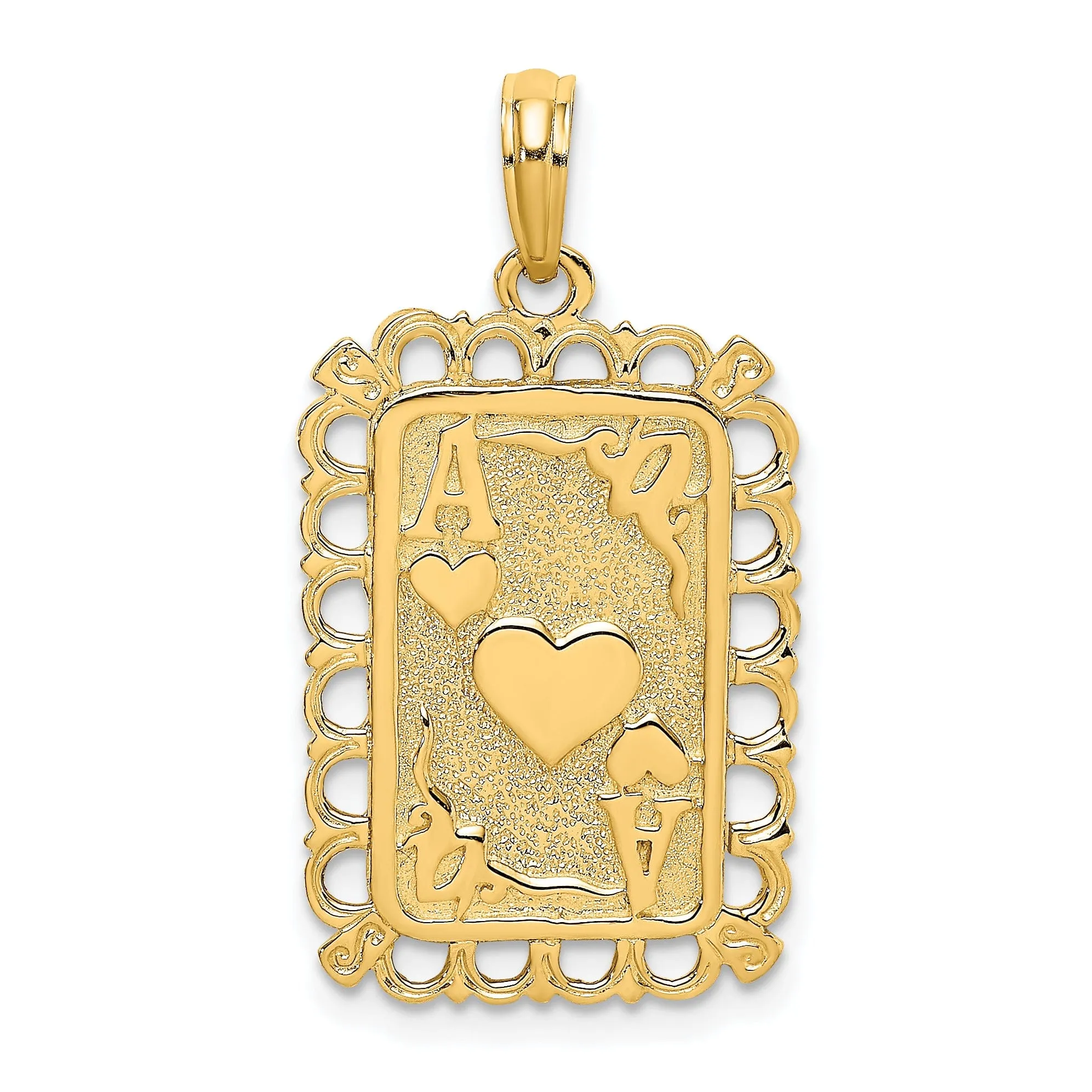 14K Yellow Gold Textured Polished Finish Hearts with Ace Playing Card Design Charm Pendant