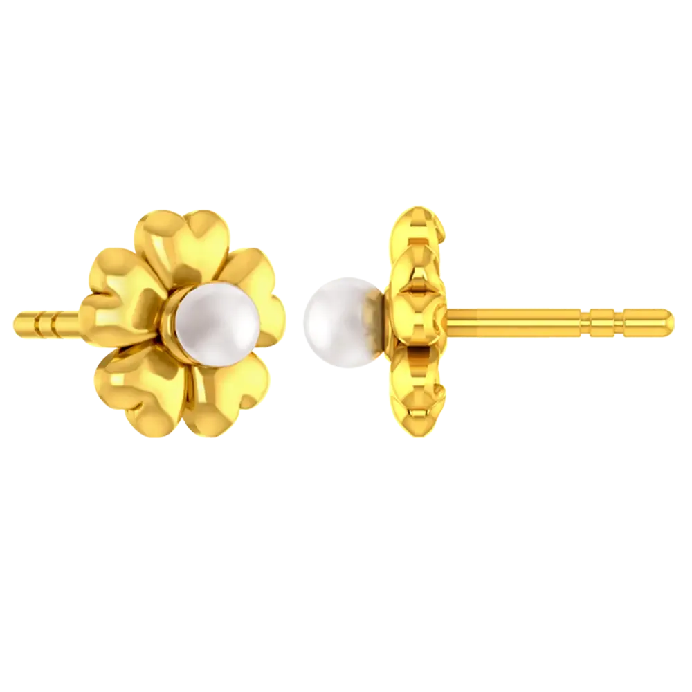 18k Gold Earrings With A Five-petal Floral Design And A Pearl Centre