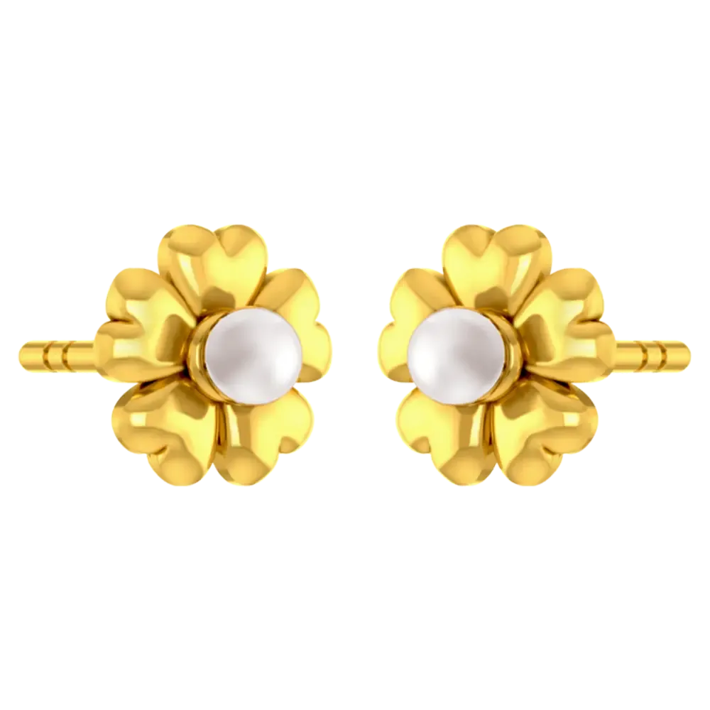 18k Gold Earrings With A Five-petal Floral Design And A Pearl Centre