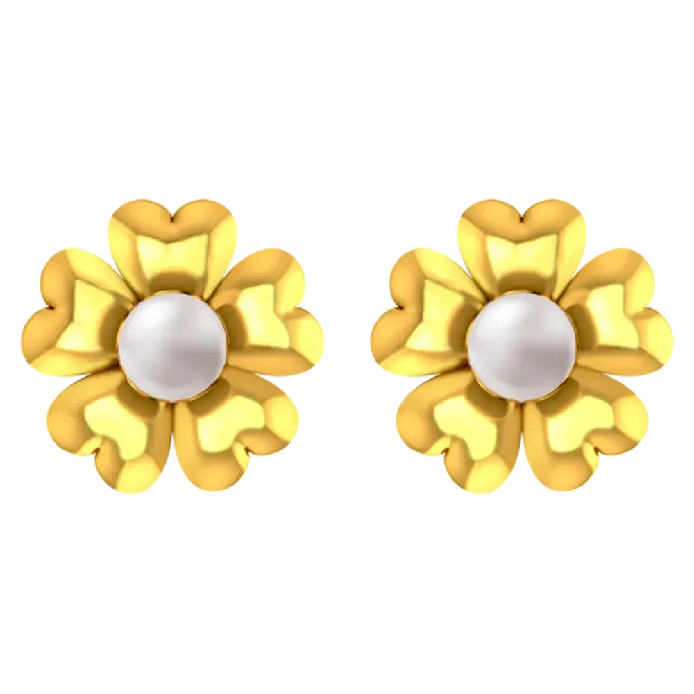 18k Gold Earrings With A Five-petal Floral Design And A Pearl Centre