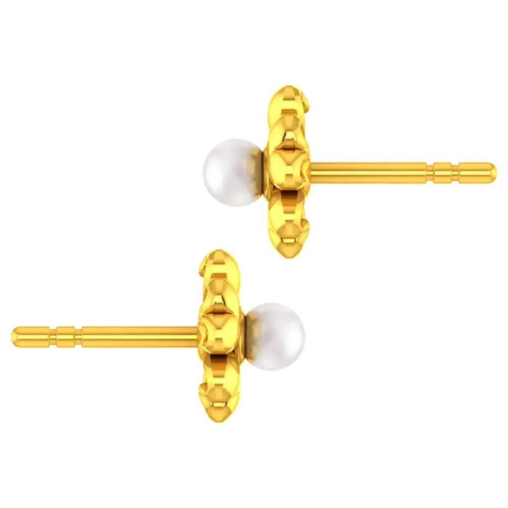 18k Gold Earrings With A Five-petal Floral Design And A Pearl Centre