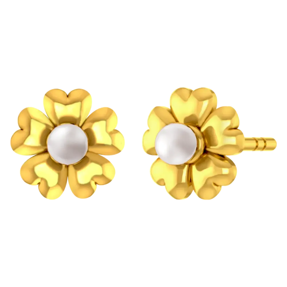 18k Gold Earrings With A Five-petal Floral Design And A Pearl Centre