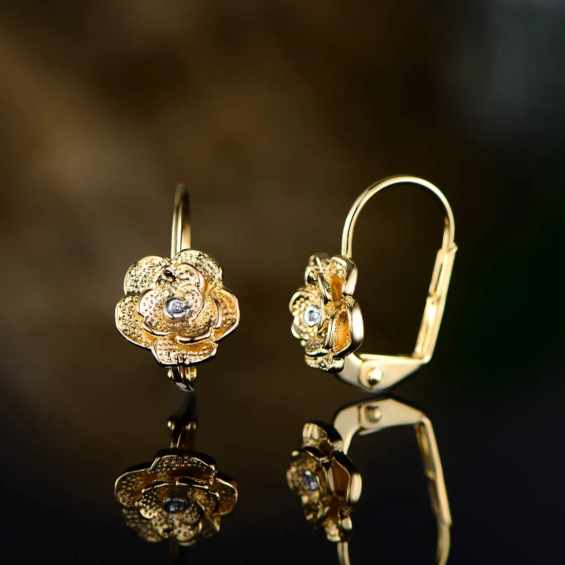 18K Gold Plated Flower Leverback Earrings