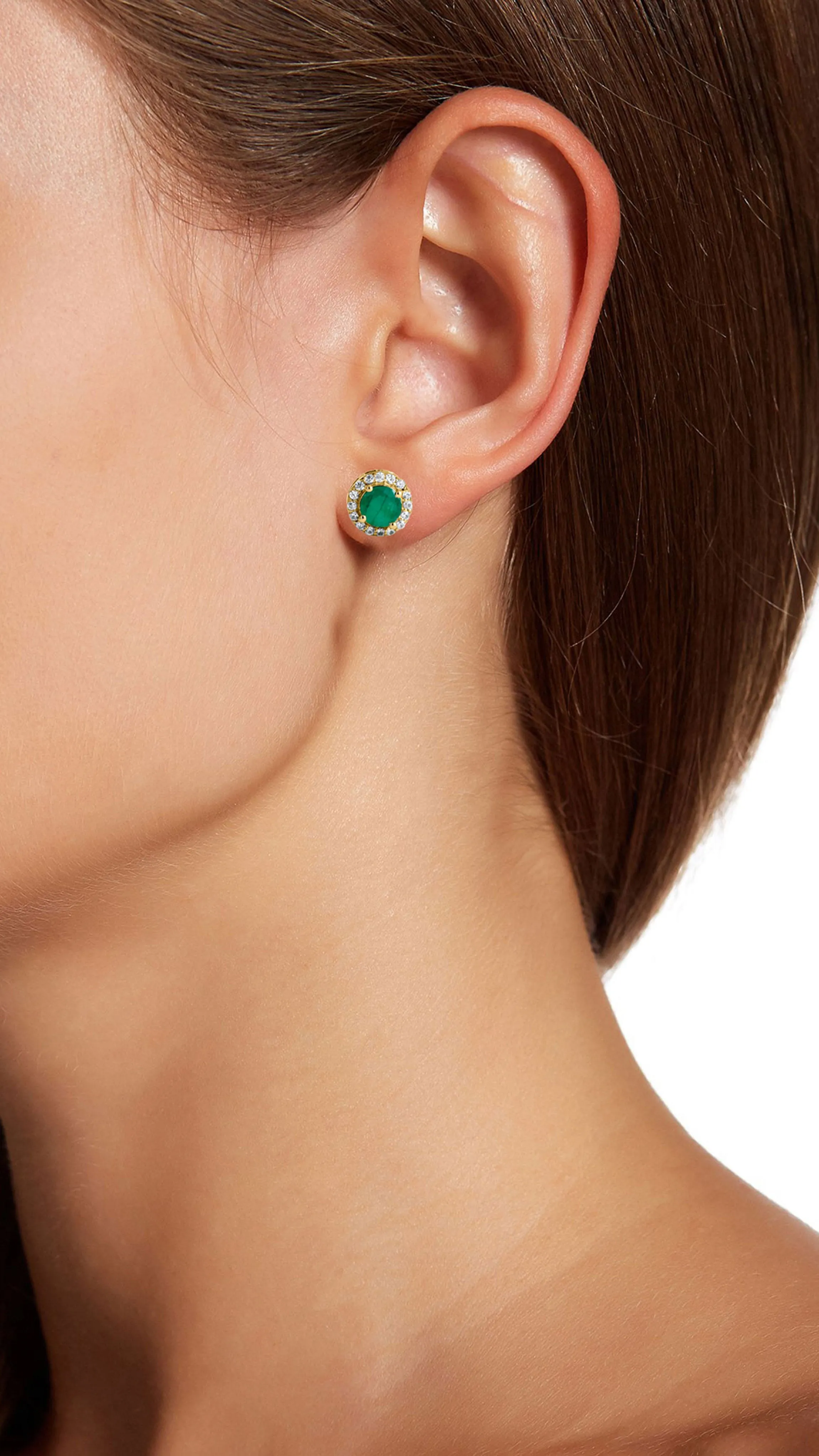 18K Gold Vermeil 1.30Gtw Natural Emerald & White Zircon Stud Earrings