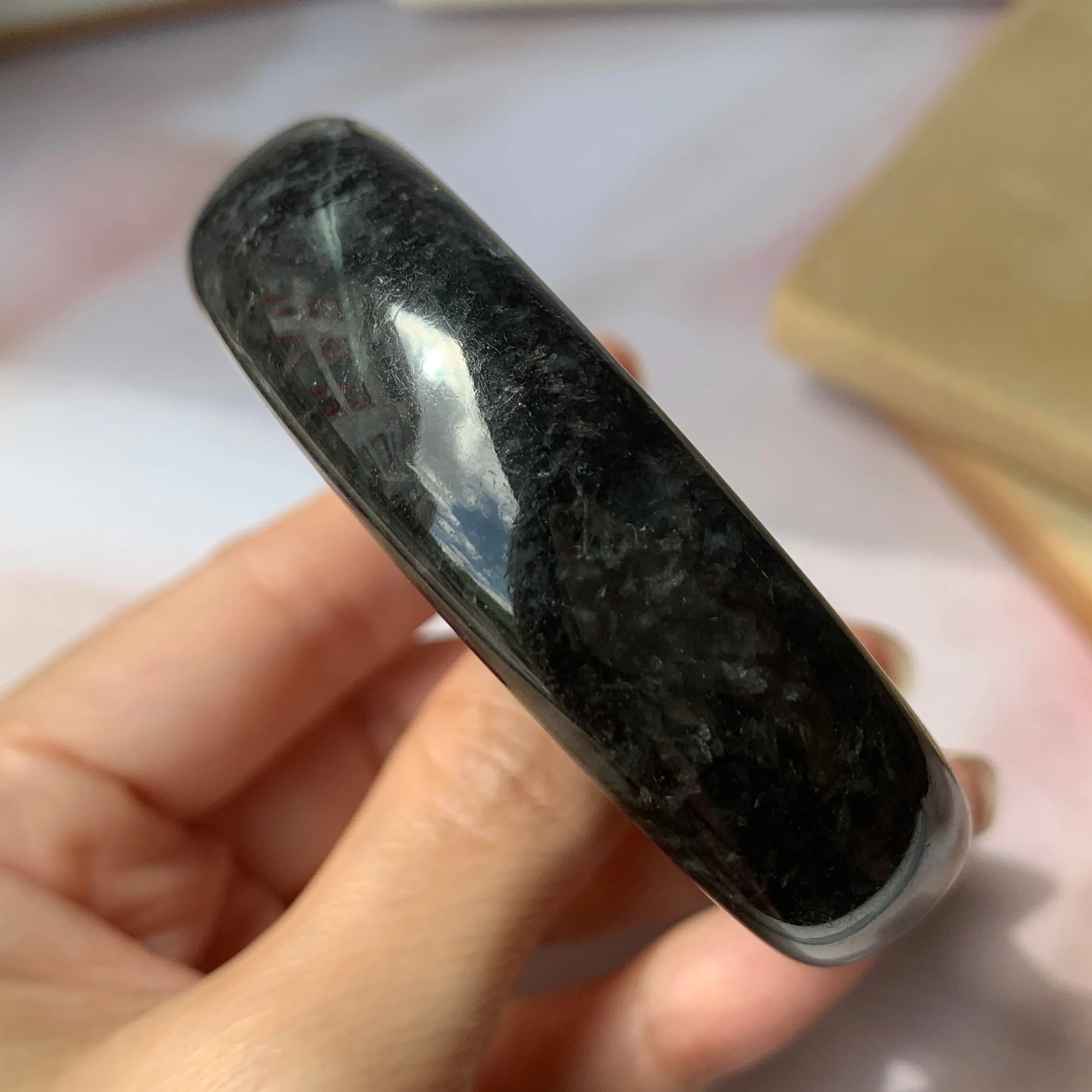 55.3mm A-Grade Natural Black Jadeite Modern Round Bangle No.151924