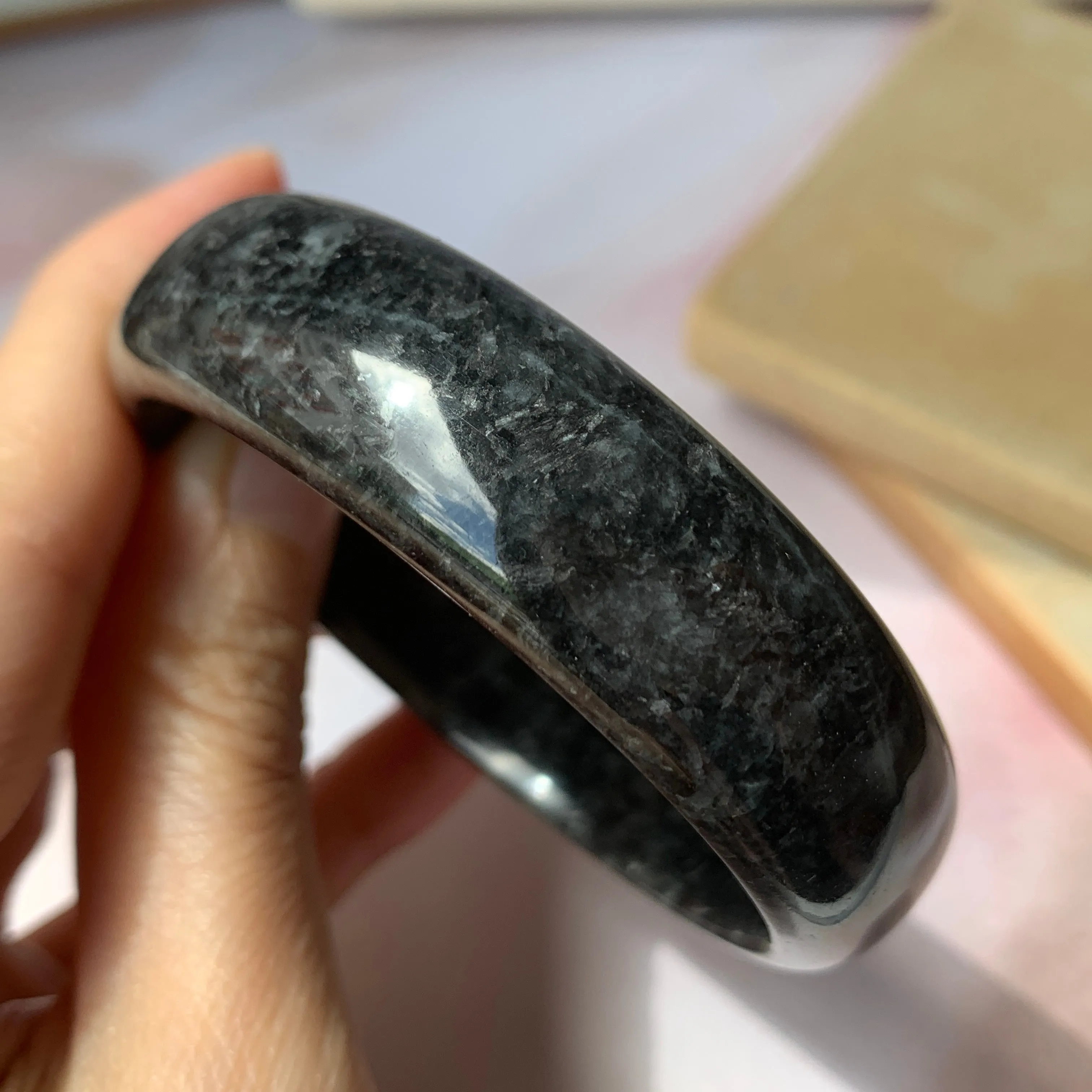 55.3mm A-Grade Natural Black Jadeite Modern Round Bangle No.151924