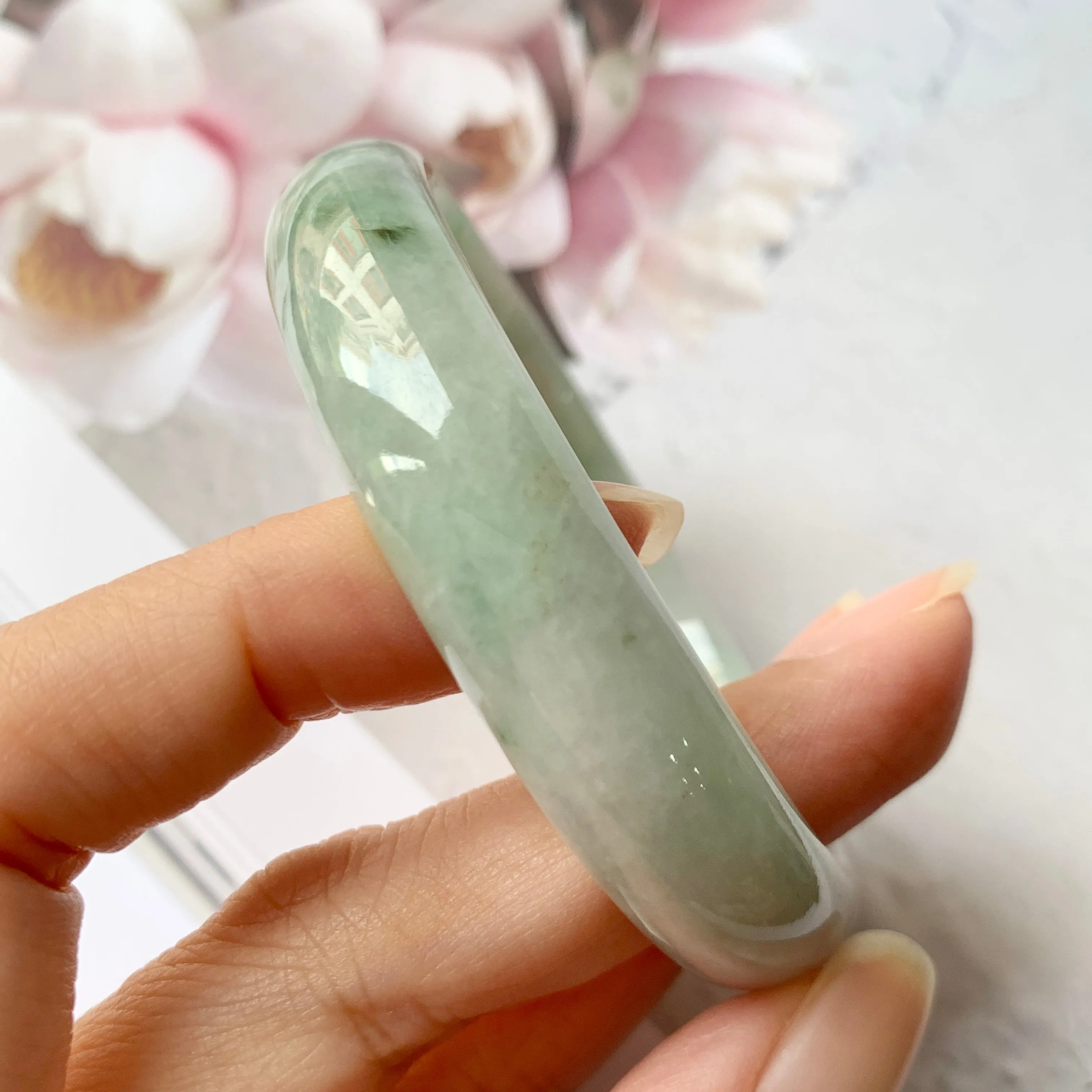 57.9mm A-Grade Natural Floral Jadeite Modern Round Bangle No.330033