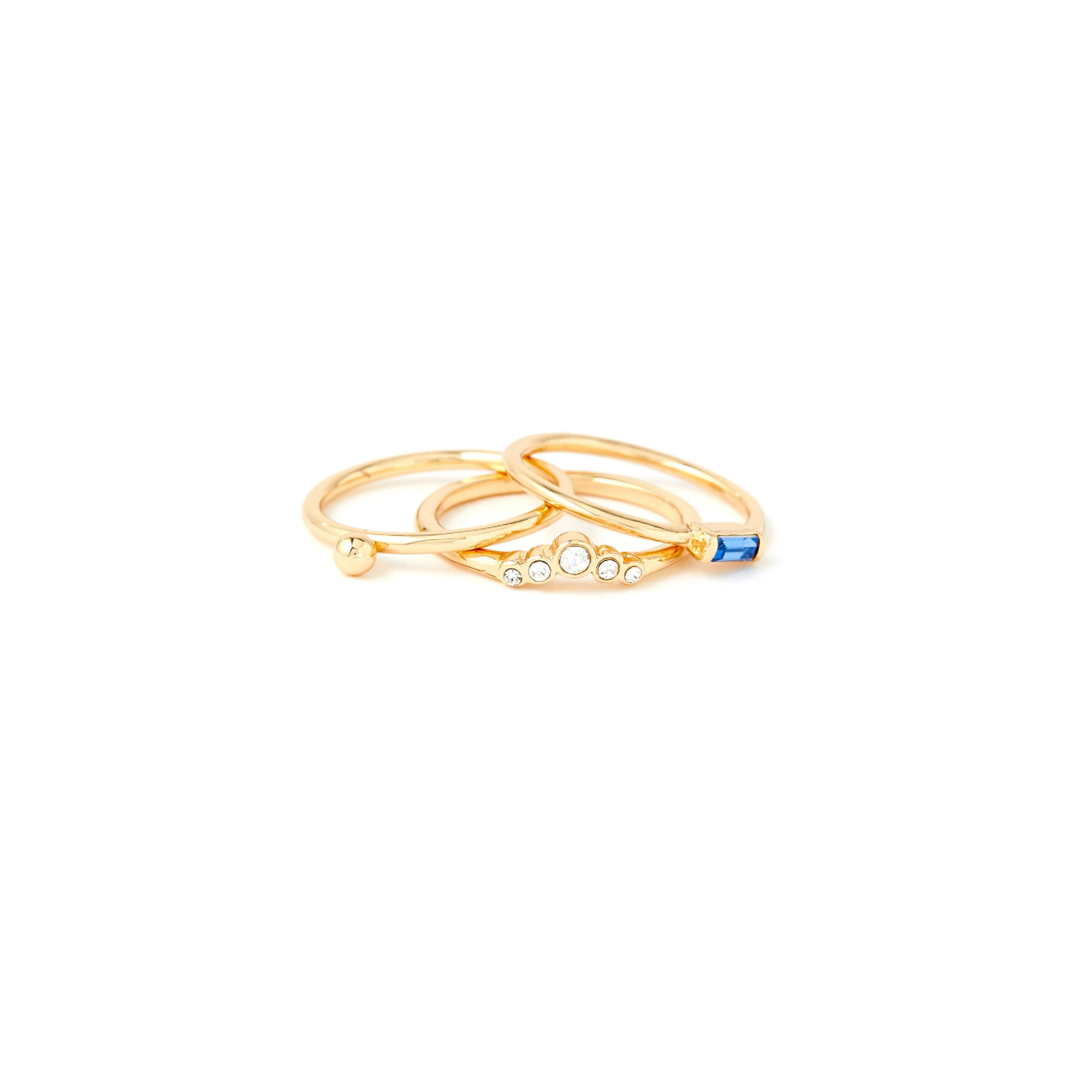 Accessorize London Women's set of 3 Gold & Blue Baguette Ring -Large