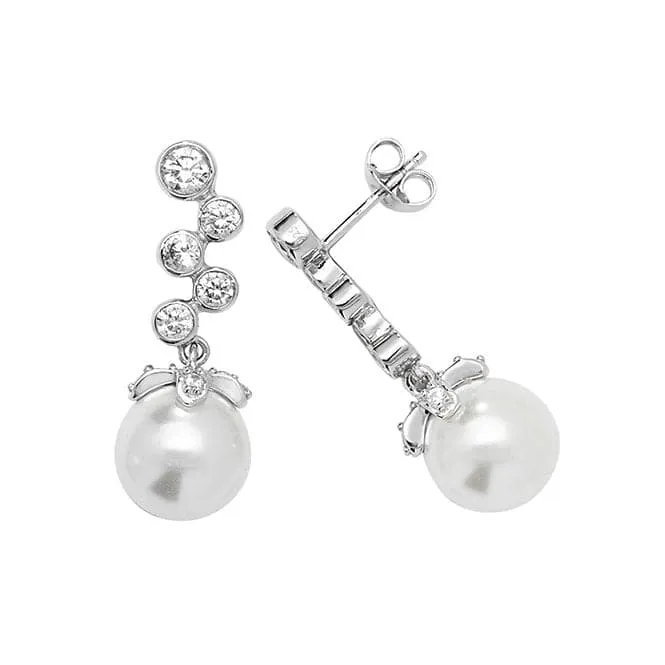 Acotis Silver Drop Earrings Zirconia & Pearl Rhodium Plated G51144