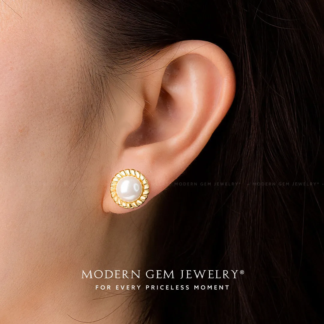 Akoya Pearl Rope Design Gold Stud Earrings