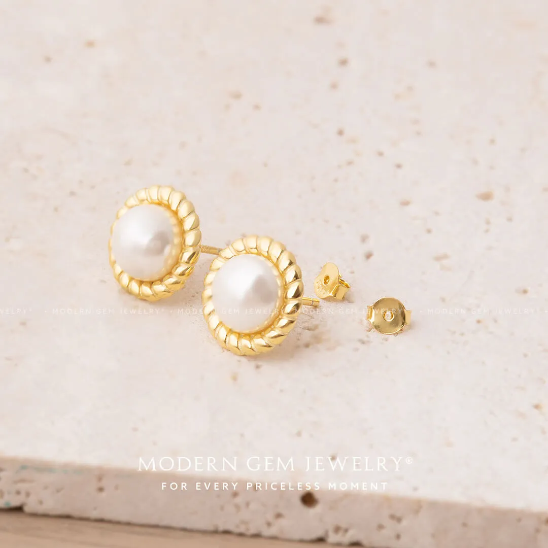 Akoya Pearl Rope Design Gold Stud Earrings