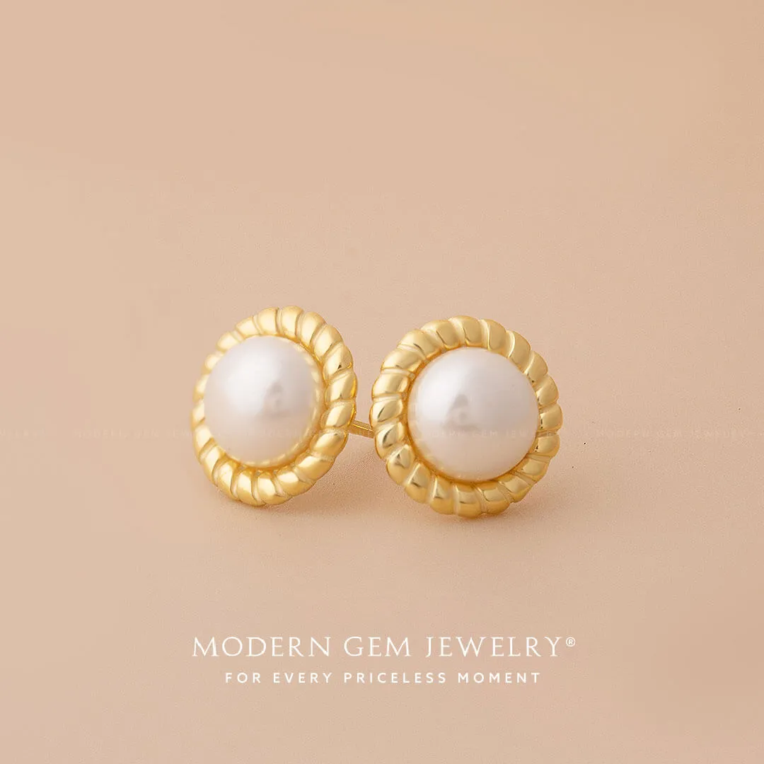 Akoya Pearl Rope Design Gold Stud Earrings