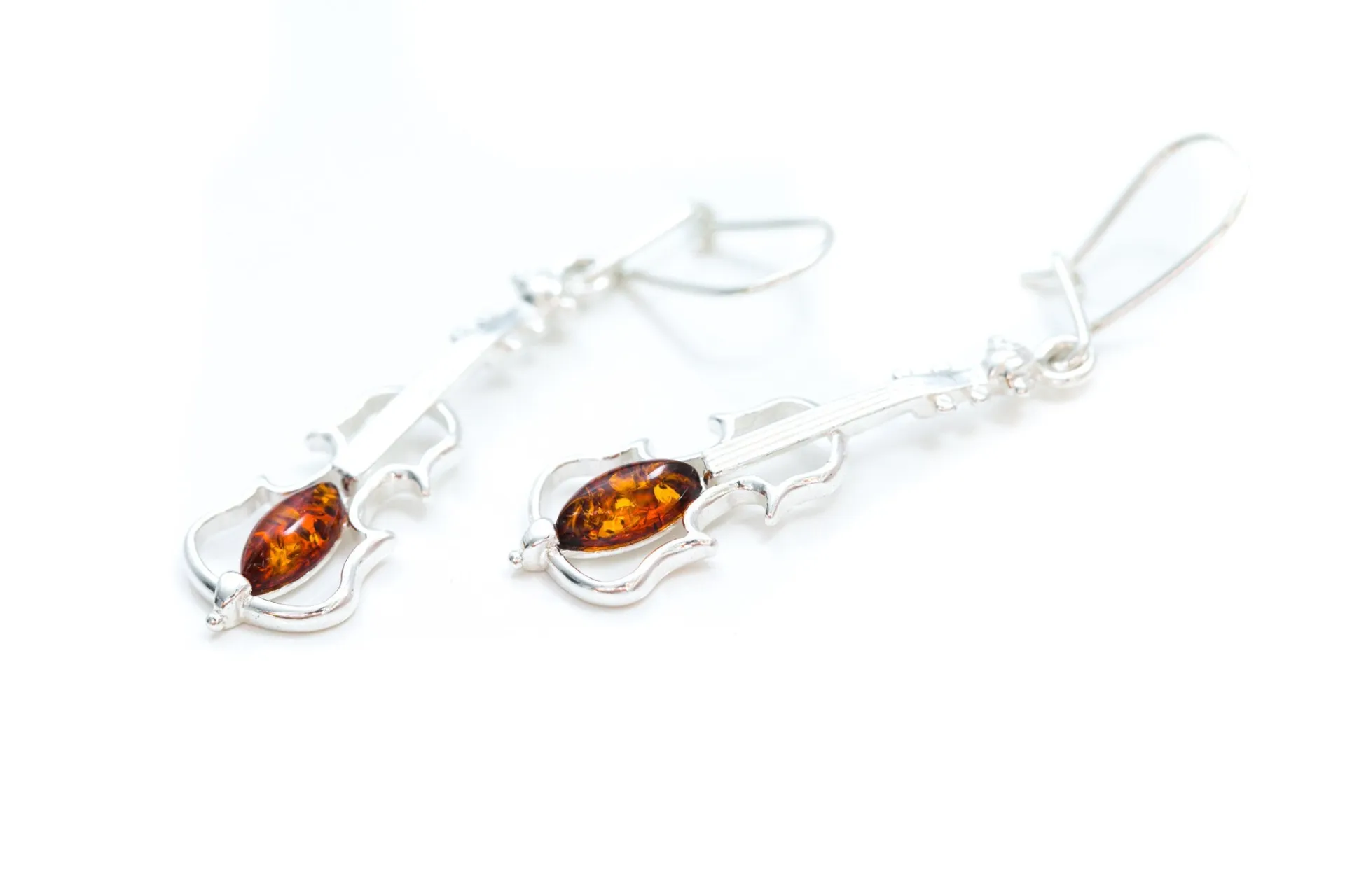 Amber Violin Dangle Earrings - Sterling Silver & Genuine Baltic Amber - Perfect Gift for Music Lovers