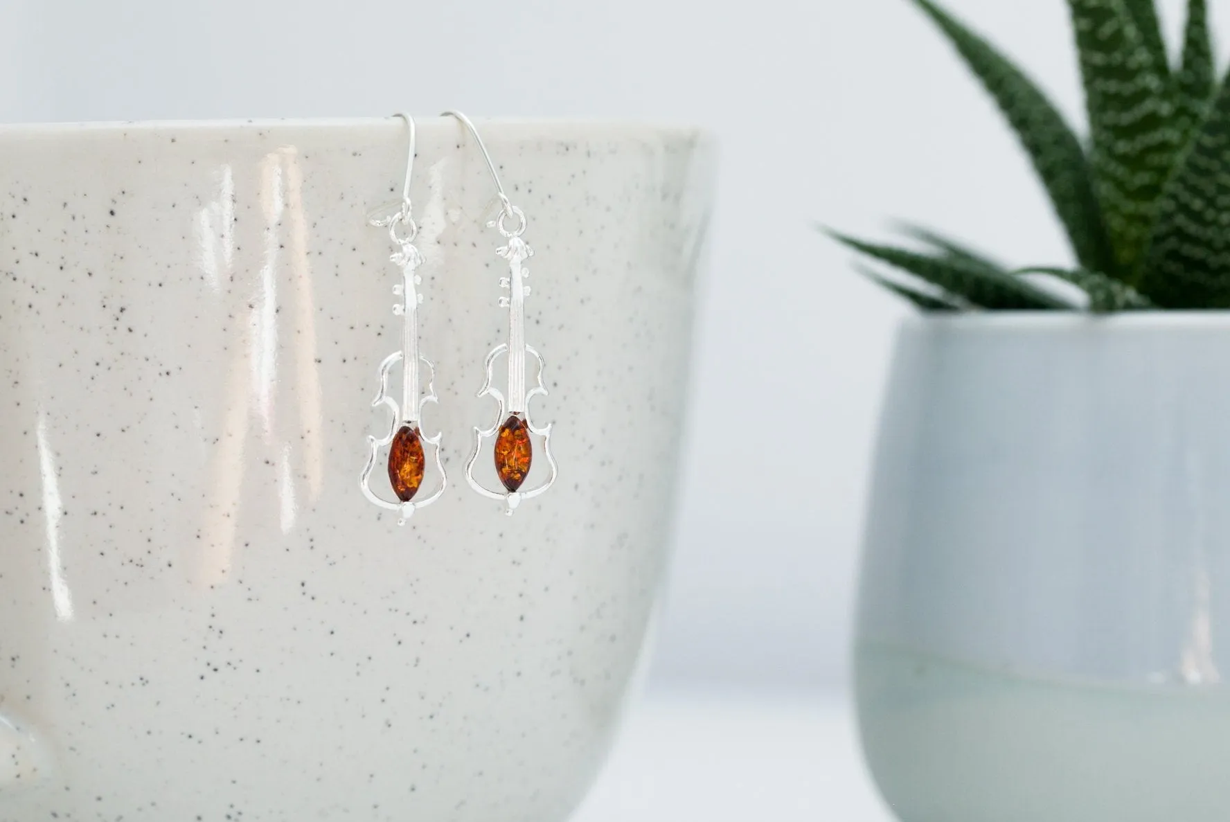 Amber Violin Dangle Earrings - Sterling Silver & Genuine Baltic Amber - Perfect Gift for Music Lovers