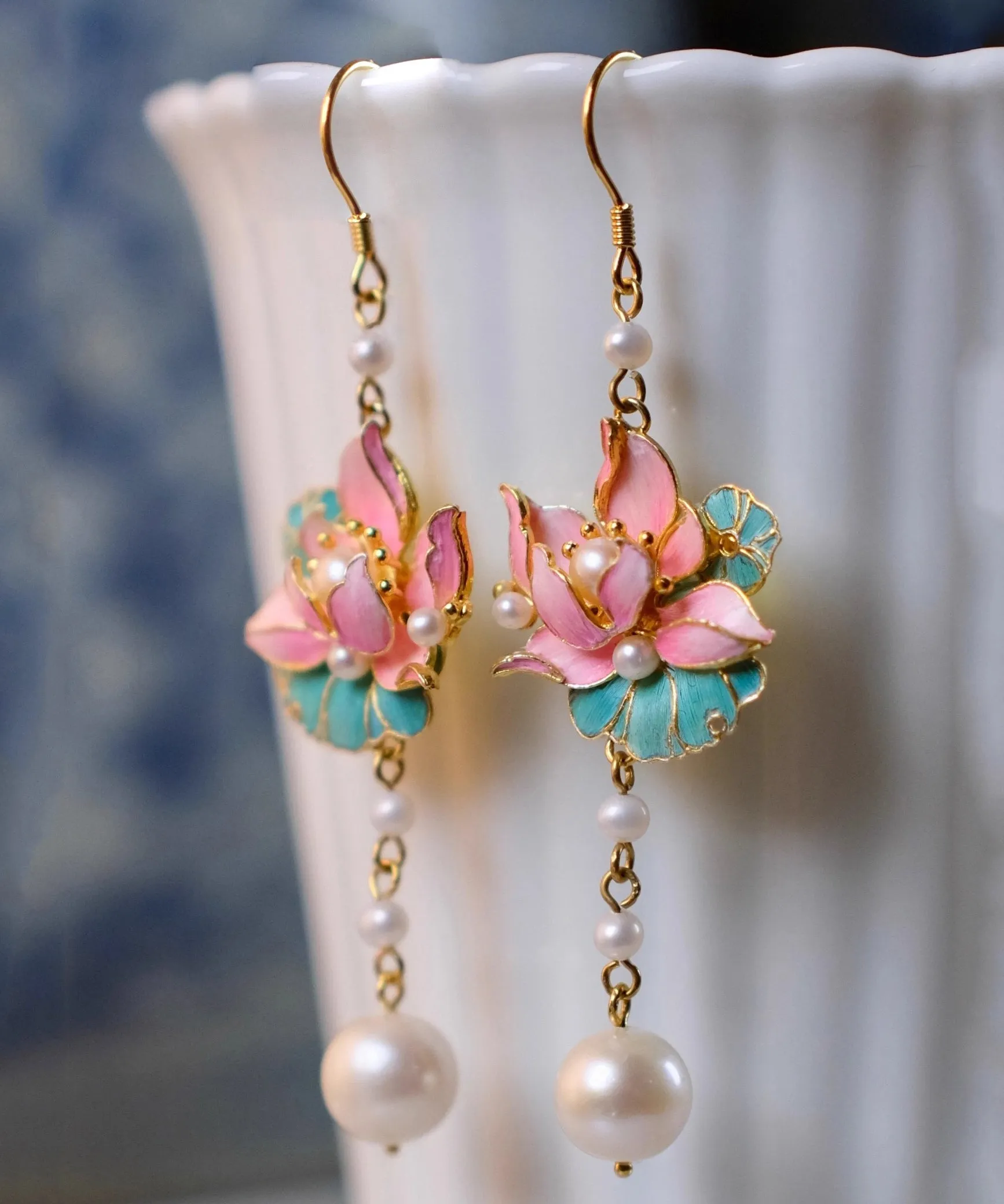 Art Colorblock Sterling Silver Overgild Pearl Lotus Flowers Tassel Drop Earrings WQ002