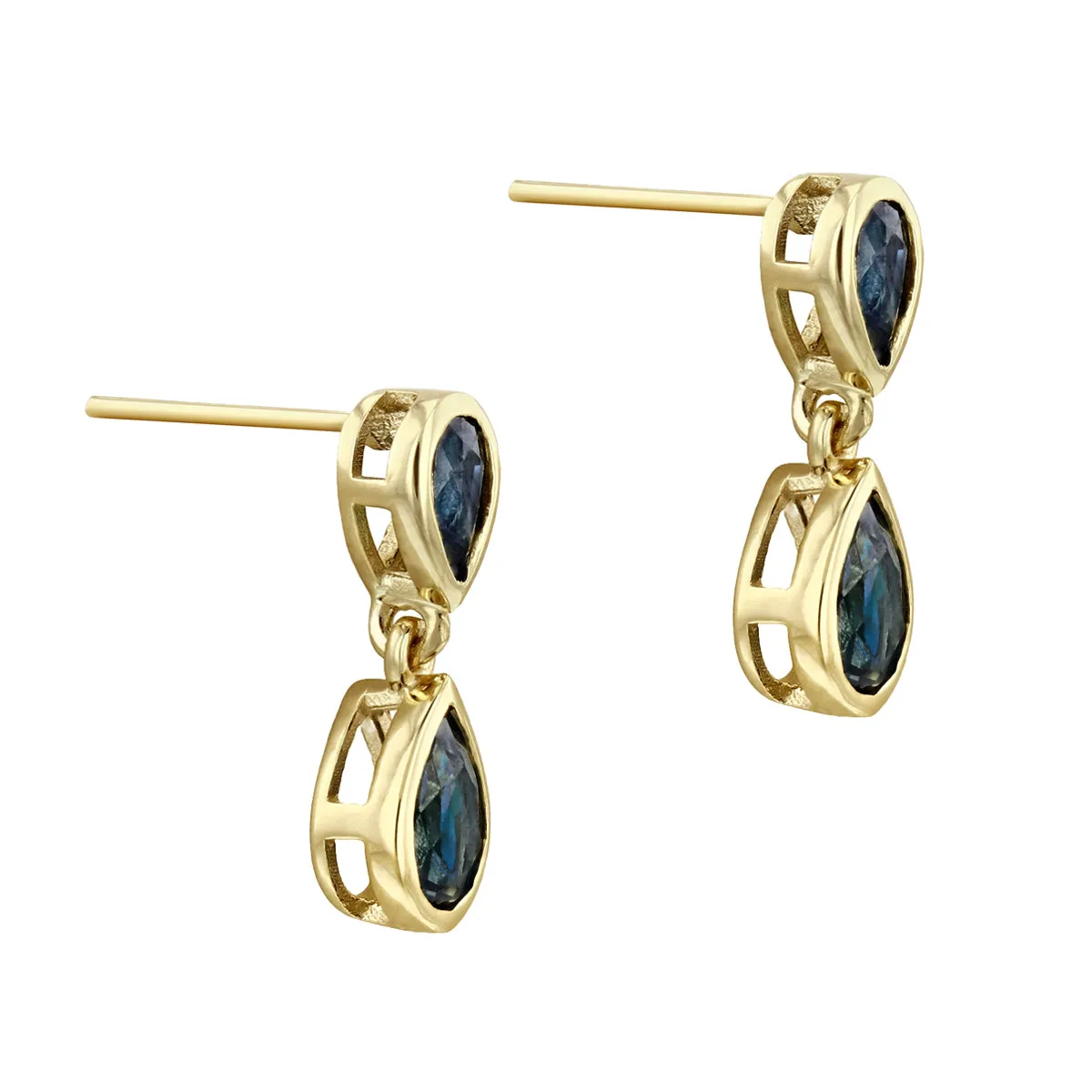 Bijou Collection Double Drop Pear Cut Sapphire Drop Earrings | 9K Yellow Gold