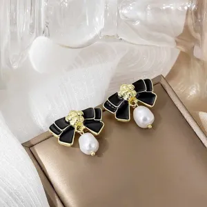 Black Enamel Bow Pearl Stud Earrings