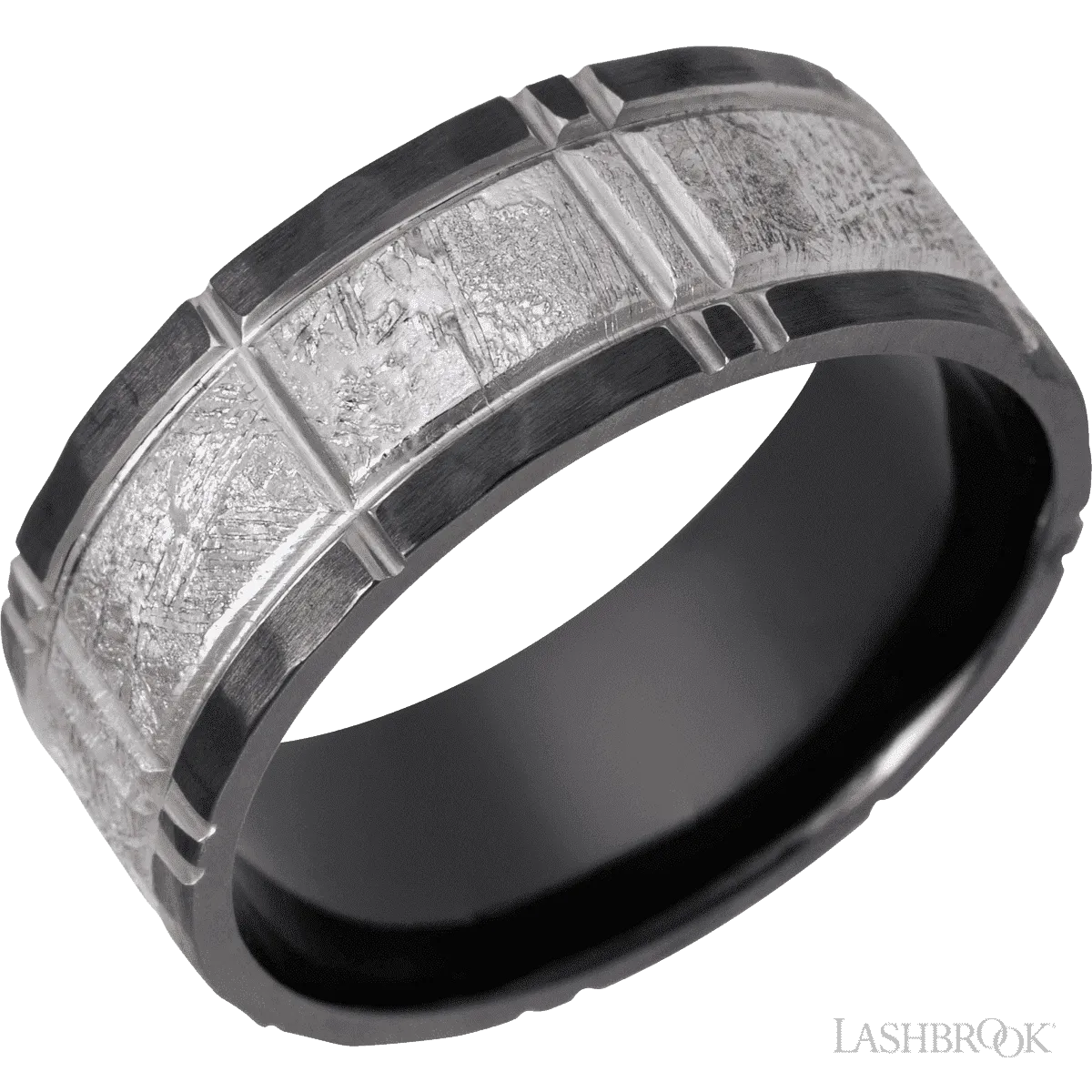 Black Zirconium flat band with a meteorite inlay with a segmented pattern - 8MM