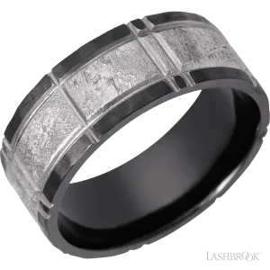 Black Zirconium flat band with a meteorite inlay with a segmented pattern - 8MM