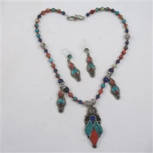 Boho Tibetan Turquoise Inlay Pendant Necklace & Earrings