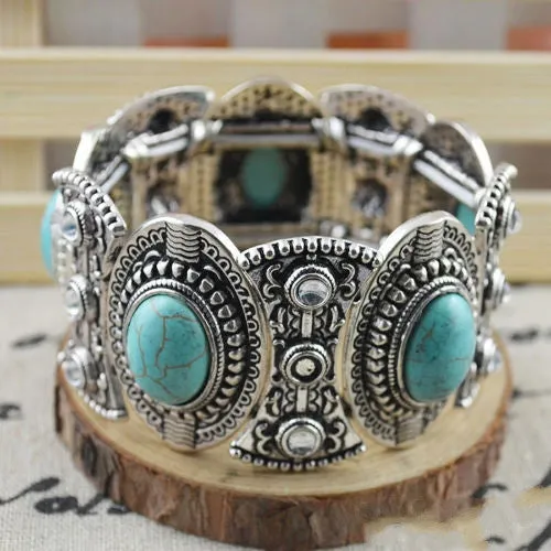 Classical Women's Retro Vintage Natural Turquoise Cute Tibet Silver Bracelet