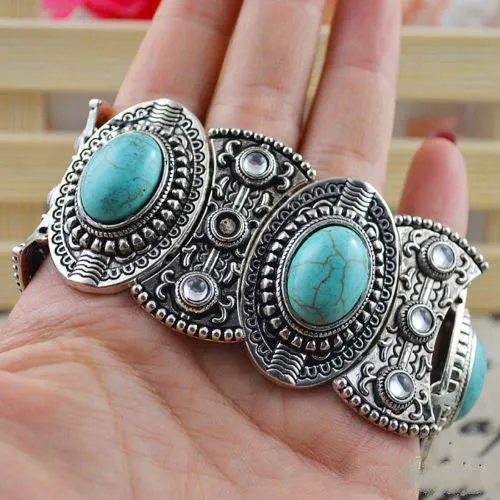 Classical Women's Retro Vintage Natural Turquoise Cute Tibet Silver Bracelet