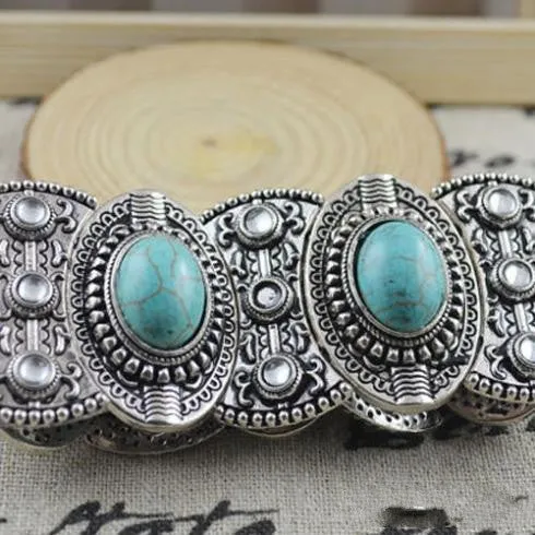 Classical Women's Retro Vintage Natural Turquoise Cute Tibet Silver Bracelet