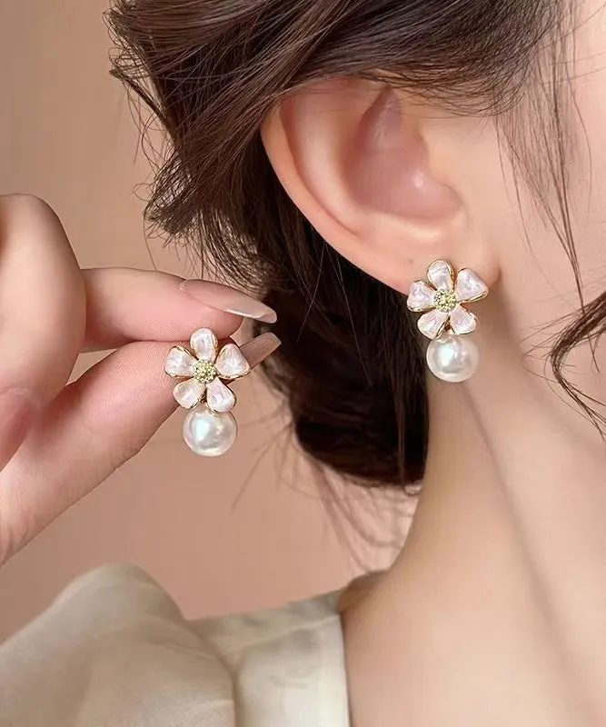 Cute Pink Copper Alloy Floral Pearl Stud Earrings WH037