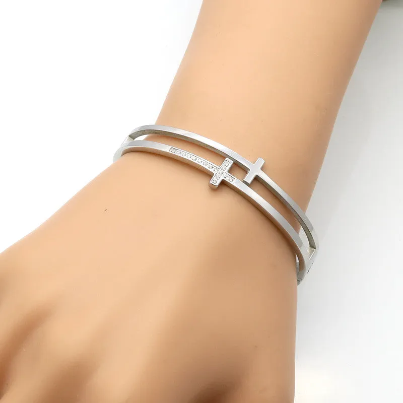 Double Cross Punk Bracelets Women Fashion Stainless Steel Bracelets & Bangles Cuff Pave Setting Crystal Cross Bracelet