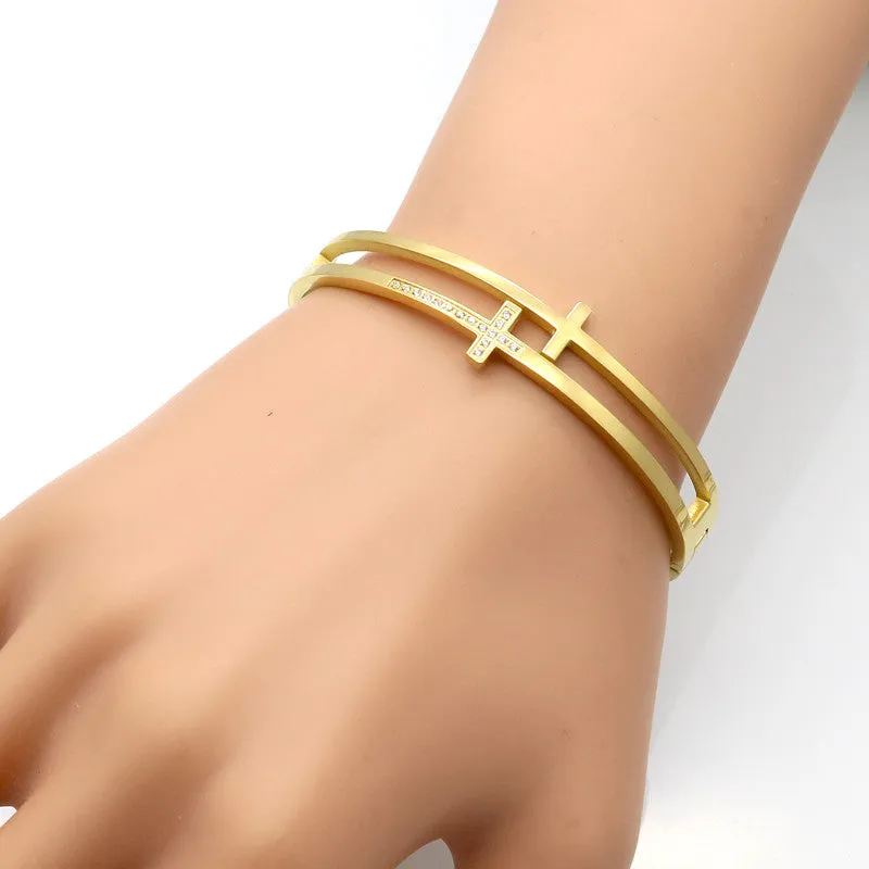 Double Cross Punk Bracelets Women Fashion Stainless Steel Bracelets & Bangles Cuff Pave Setting Crystal Cross Bracelet