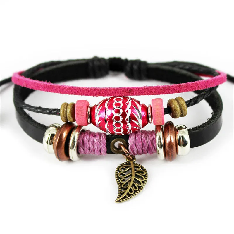 Fashion Punk Retro Alloy Leaf Pendant Adjustable Rope Braided Bracelet Leather Bracelets & Bangles For Women Men Charm Jewelry