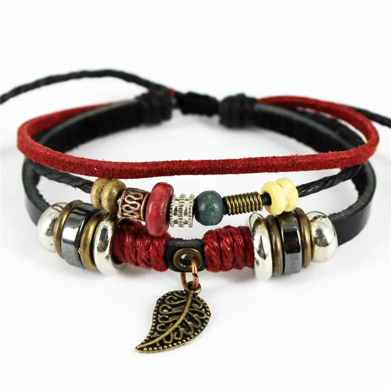 Fashion Punk Retro Alloy Leaf Pendant Adjustable Rope Braided Bracelet Leather Bracelets & Bangles For Women Men Charm Jewelry