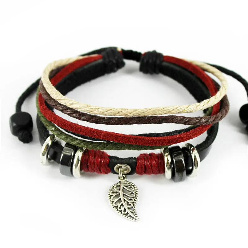 Fashion Punk Retro Alloy Leaf Pendant Adjustable Rope Braided Bracelet Leather Bracelets & Bangles For Women Men Charm Jewelry