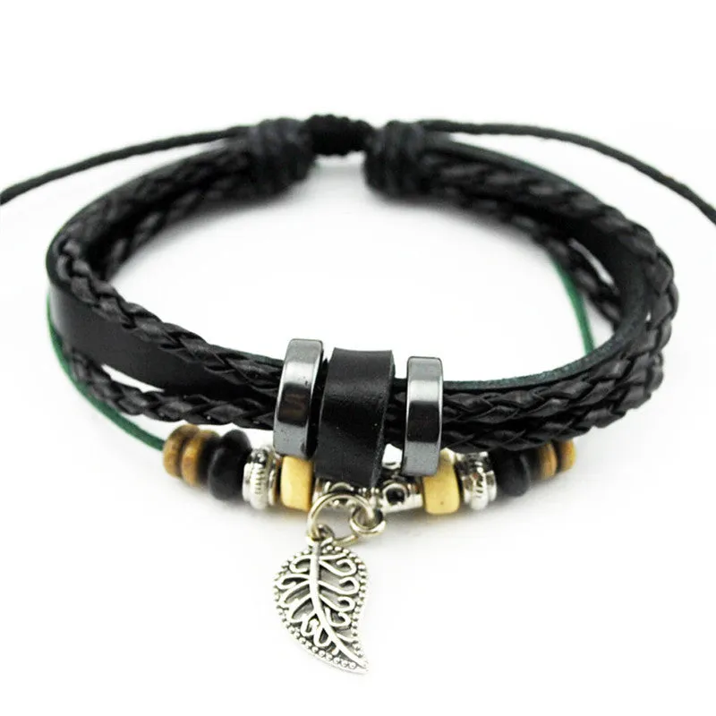 Fashion Punk Retro Alloy Leaf Pendant Adjustable Rope Braided Bracelet Leather Bracelets & Bangles For Women Men Charm Jewelry